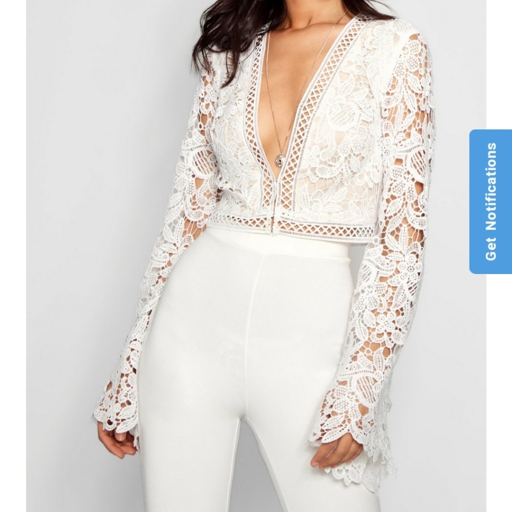 Boohoo Flare Sleeve Crochet Crop Top